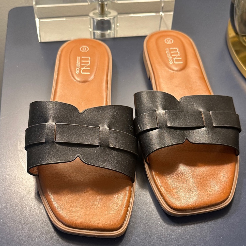 Black Leather Slide Sandals
